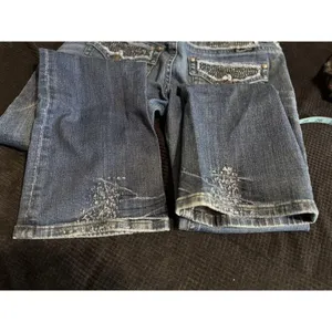 Rock & Roll Cowgirl Med Wash Bootcut Denim Jeans Low Rise Size 30x32 Rhinestones thumbnail 9