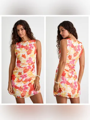 Lulu's Roanes Orange Floral Boat Neck Pleated Mini Dress thumbnail 2