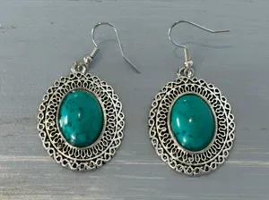 Silver Tone Dangle Pierced Earrings Faux Turquoise Cabochons Blue thumbnail 3