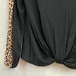 Daytrip Black Top Leopard Print Sleeves Twisted Hem Bold Stretch V-neck Size L thumbnail 2
