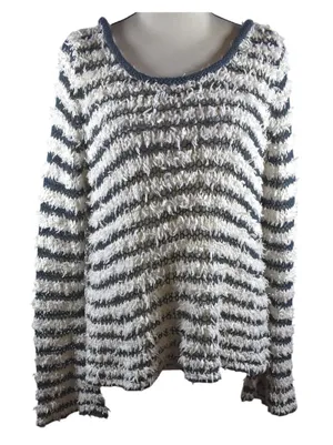 Free People Striped Eyelash Knit Sweater Navy Cream Scoop Neck Womens Medium thumbnail 1