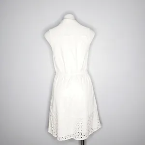 Elle White Eyelet Cotton Shirtdress Sleeveless Button Down Drawstring‎ Mini Sz S thumbnail 6