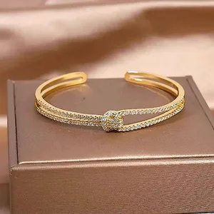 Women's 18k Gold‎ Plated Knot Bling Simulated Diamond Cuff Bracelet, Adjustable thumbnail 6