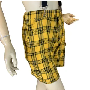 Hot Topic Yellow & Black Plaid Pleated Front Cargo Suspender Shorts (S) thumbnail 3