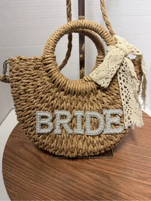 Pinkunn Straw Pearl Rhinestone BRIDE Bag Half Moon Crossbody/Handbag Purse thumbnail 2