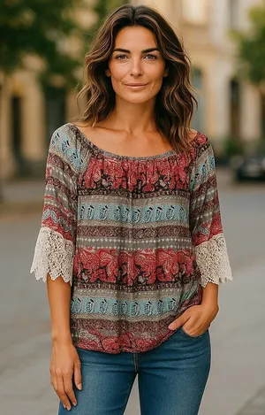 Win Win WinWin Half Sleeve Lace Tunic Paisley Stretch Off‎ Shoulder L / XL thumbnail 1