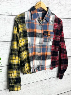 Jolie & Joy Patchwork Plaid Cut Off Button Up Shirt Jacket Shacket Size Large Yellow thumbnail 5