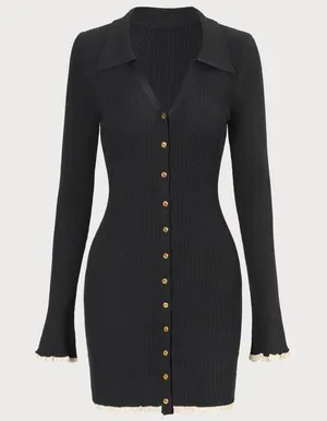 RIHOAS The Black V Neck Contrast Trim Knit Mini Dress XS thumbnail 6