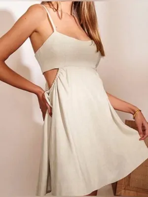 1.State Womens Linen Cut Out Tie Detail Scoop Neck‎ Mini Dress in Oatmeal Sz Med thumbnail 1