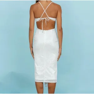 Hello Molly White Sequin‎ Cutout Midi Dress V-Neck Tie Back Formal Gown XS US 2 thumbnail 6