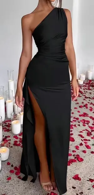 NWT OYS Size Medium Black Wedding Prom One Shoulder‎ Satin Ruched Bodycon Maxi thumbnail 1