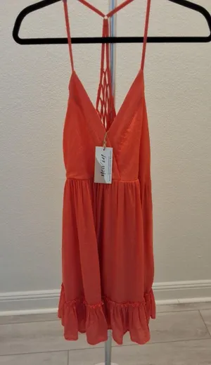 New In Wrinkly Fabric Style Orange Cotton Babydoll Strappy Size L Dress NEW thumbnail 1
