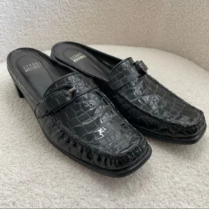 Stuart Weitzman Black Crocodile Patent Leather Block Heel Mules Shoes 8 Narrow thumbnail 2