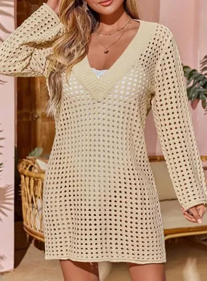 Women’s Cream Crochet Swim Coverup with V-Neck thumbnail 1