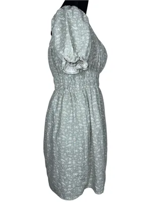 Iris Sage Green Floral Linen Blend Mini Dress L Puff Sleeve Cinched Waist Cottagecore thumbnail 3