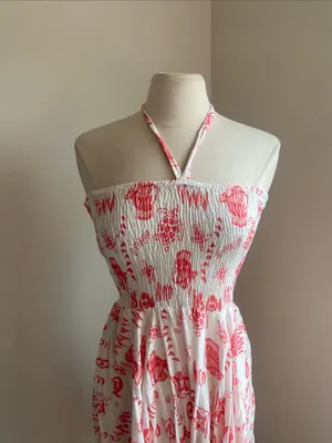 Strapless Handkerchief Dress Womens Sz Medium Pink White Summer Sea Life Pattern thumbnail 2