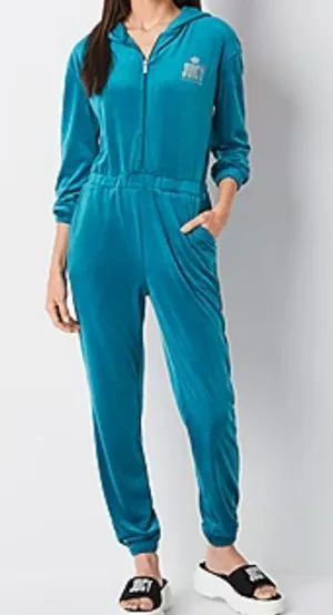 NWT Juicy By Juicy Couture Jumpsuit peacock Velour‎ Hooded Long Sleeve Zip Up L thumbnail 1