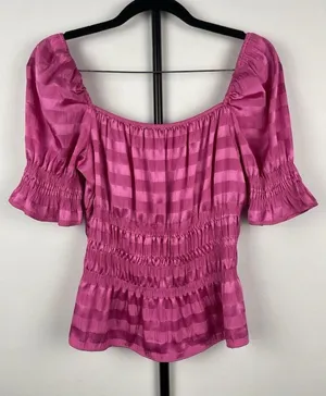 1.STATE‎ Hot Pink Shadow Stripe Puff Sleeve Shirred Waist Square Neck Top Sz M thumbnail 1