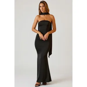 Oh Polly‎ Mandi Scarf Detail Strapless Satin Maxi Gown Black NWT Size US 4 thumbnail 5