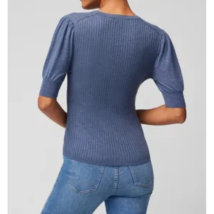 White House | Black Market Elbow Sleeve Cashmere Blend Puff Henley Sweater Blouse V-Neck Fuzzy Ribbed thumbnail 2