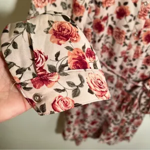 Women's‎ Button Down Shirt Dress Light Pink Rose Floral Belted Long Sleeve Roll thumbnail 7
