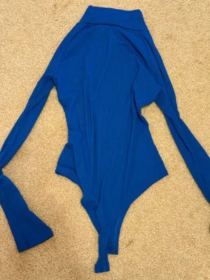 Ribbed Cutout Long sleeve bodysuit with mock turtle neck - Blue thumbnail 4