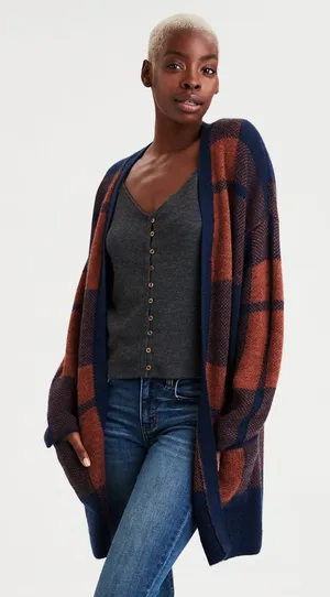 American Eagle Plaid Oversized Navy and Rust Open Cardigan thumbnail 1