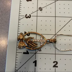 Gold Color Praying Hands Rhinestone Cross Necklace thumbnail 7