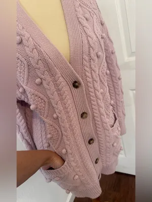 Aritzia Wilfred Alps Cardigan Soft Merino Wool Cable Knit Pom Poms Purple Small thumbnail 6