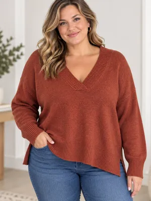 NWT a.n.a A New Approach 0X Rust Orange V Neck Pullover Knit Sweater Side Slits Red thumbnail 1