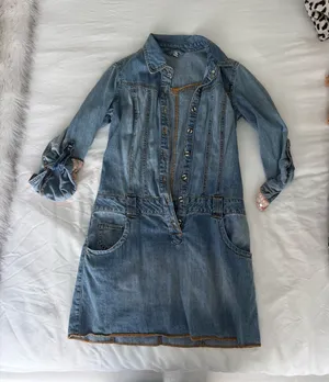 Joie Blue vintage denim dress with gold stitching and button-up front thumbnail 1