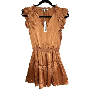 NWT Steve Madden Prairie Dreams Mini‎ Dress Apricot Satin Ruffle Smocked Small S thumbnail 2