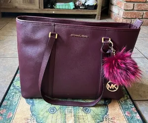 Michael Kors Plum Saffiano Tote with Magenta Pom Charm thumbnail 1