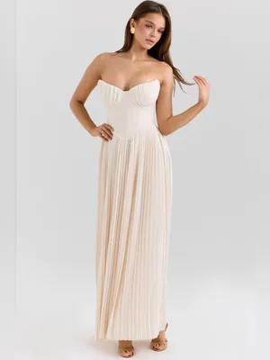 House of CB Marcella Ivory Strapless Pleated Maxi Dress in Cream L thumbnail 3