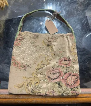 Antique/Vintage Floral Tapestry/Carpet Bag Material Hand Bag in Beige and Pink thumbnail 1