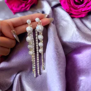 Faux Pearl Shiny Rhinestone Chain Tassel Design Dangle‎ Earrings Elegant Fashion thumbnail 7