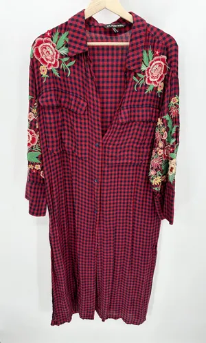 Zara Cardigan Women SMALL Red Navy Blue Plaid Button Front Maxi Dress Duster‎ thumbnail 1