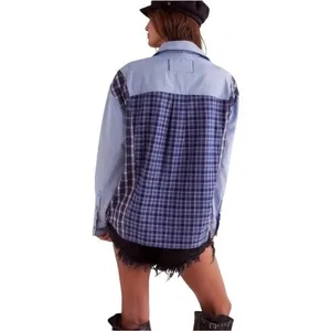 Free People Patchwork Argyle Plaid Oversized Blue Combo Chambray Shirt Small New thumbnail 3
