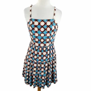 LOFT Geo Print Mini Dress Boho Indie Coastal Summer Size 6 Blue Spaghetti Strap thumbnail 4