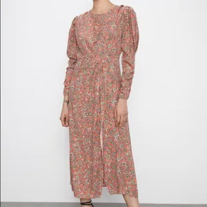 Zara FLORAL PRINTED DRAPED MIDI Flowy DRESS Long Sleeve Puff Shoulders Sz XS NEW thumbnail 8