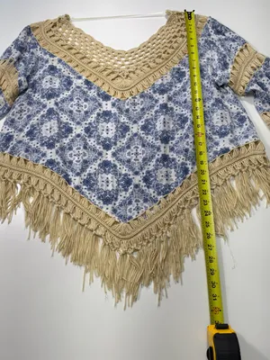 Umgee Blue & Beige Crochet Fringe Top Size 1x thumbnail 3