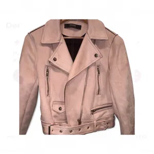 Zara Pink Moto Jacket Faux Suede Cropped Belted Size M Biker Zip Cuffs Y2K chic thumbnail 3