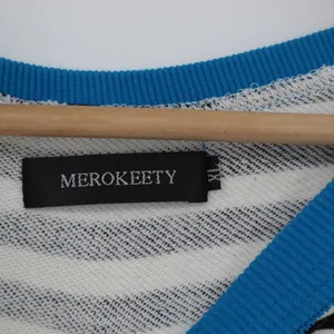 Merokeety Striped Sweatshirt XL Blue Trim Notched V-Neck Pullover Black White thumbnail 3