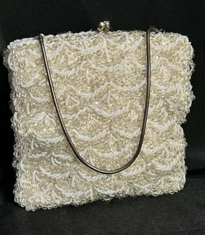 Ivory Beaded Evening Shoulder Hand Bag with Chain Strap Rhinestone Accent thumbnail 1