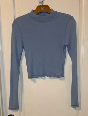 American Eagle Light Blue Pointelle Mock Neck Crop Long Sleeve Size Medium EUC thumbnail 1