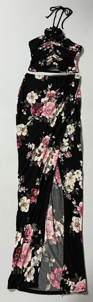 Black Pink ‘Fame Time’ Floral Maxi Skirt and Crop Top Matching Set Coords Size S 🌸✨ thumbnail 1