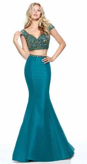 Sherri Hill 51167 Aqua Beaded Two Piece Gown Size 2 Mermaid‎ Formal Dress NWT thumbnail 1