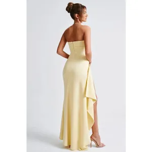 NWT Babyboo Zafira Lemon Yellow Ruched High Slit Draped Maxi Dress Womens Size L thumbnail 2