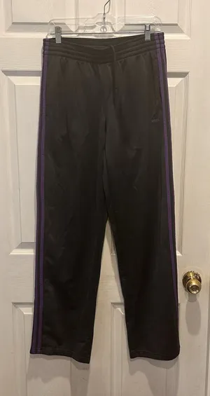 Adidas Womens Track‎ Pants Gray Purple 3-Stripe Straight Leg Elastic Waist L Y2K thumbnail 1