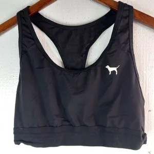 VS PINK L Athletic Racerback Bra In Black W White Dog thumbnail 1
